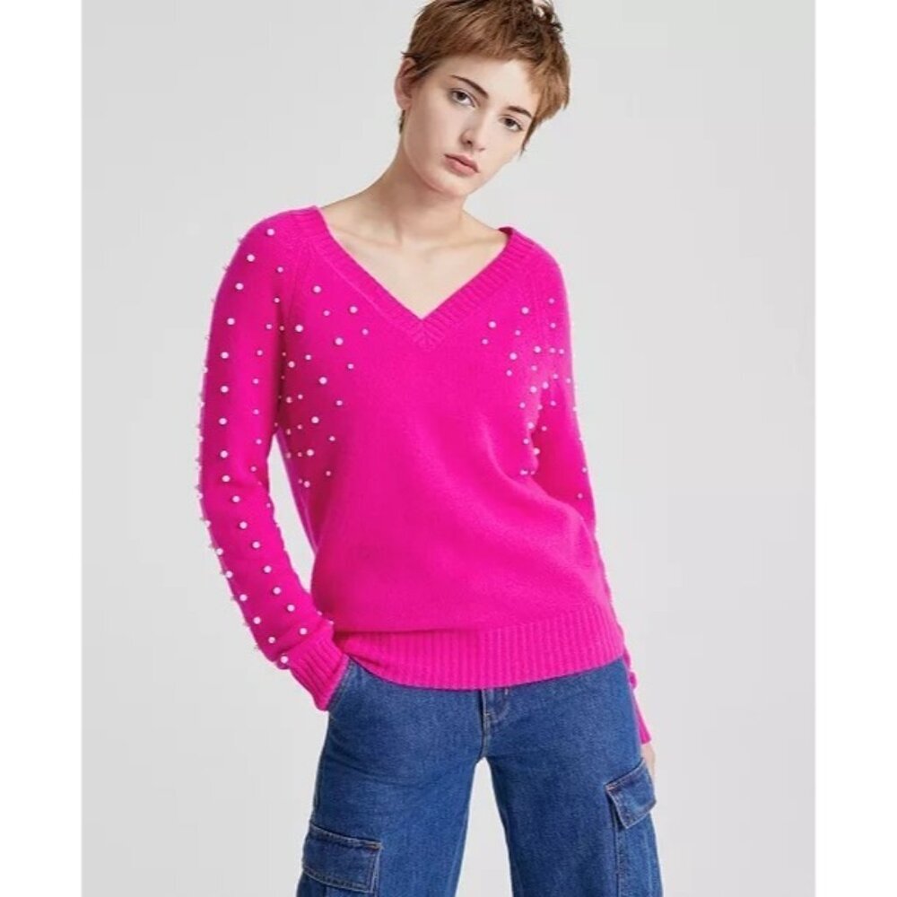 NEW CHARTER CLUB LUXURY CASHMERE FAUX-PEARL DOUBLE V-NECK SWEATER MEDIUM FUCHSIA